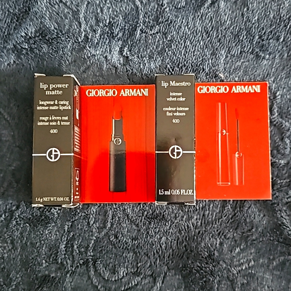 Two 1.5mL Giorgio Armani Lip Maestro and Lip Power Matte Red 400 samples NIB